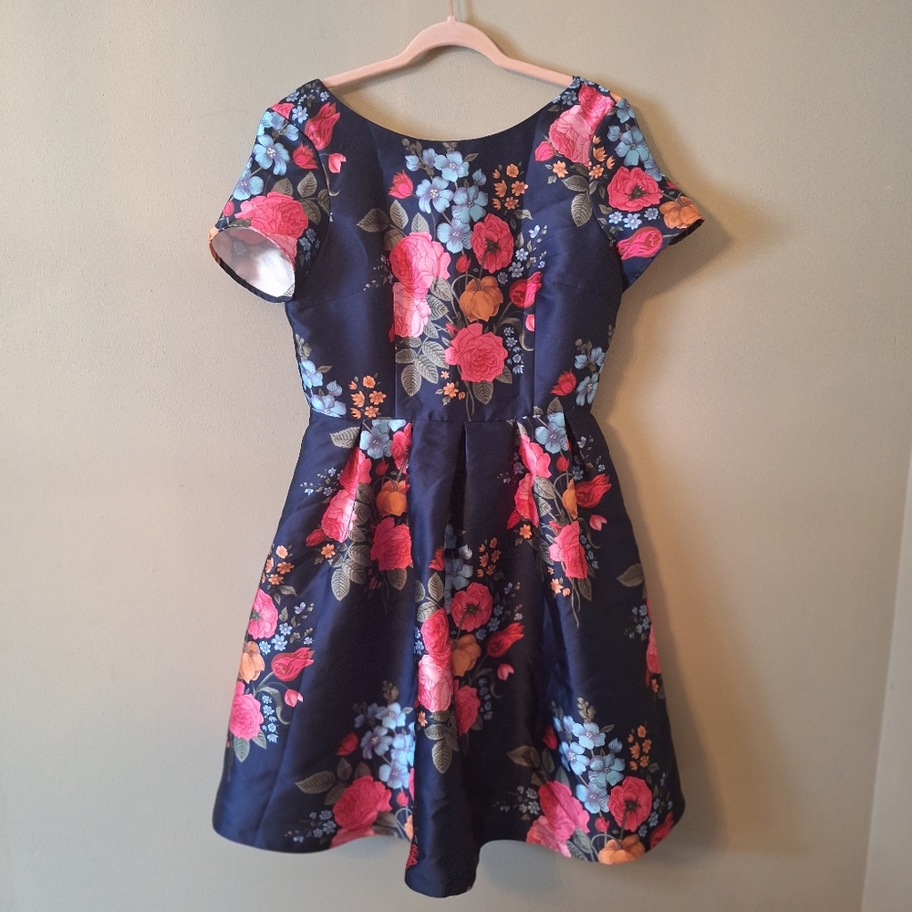 Floral Fit-and-Flare Dress in Navy with Pink Floral Print